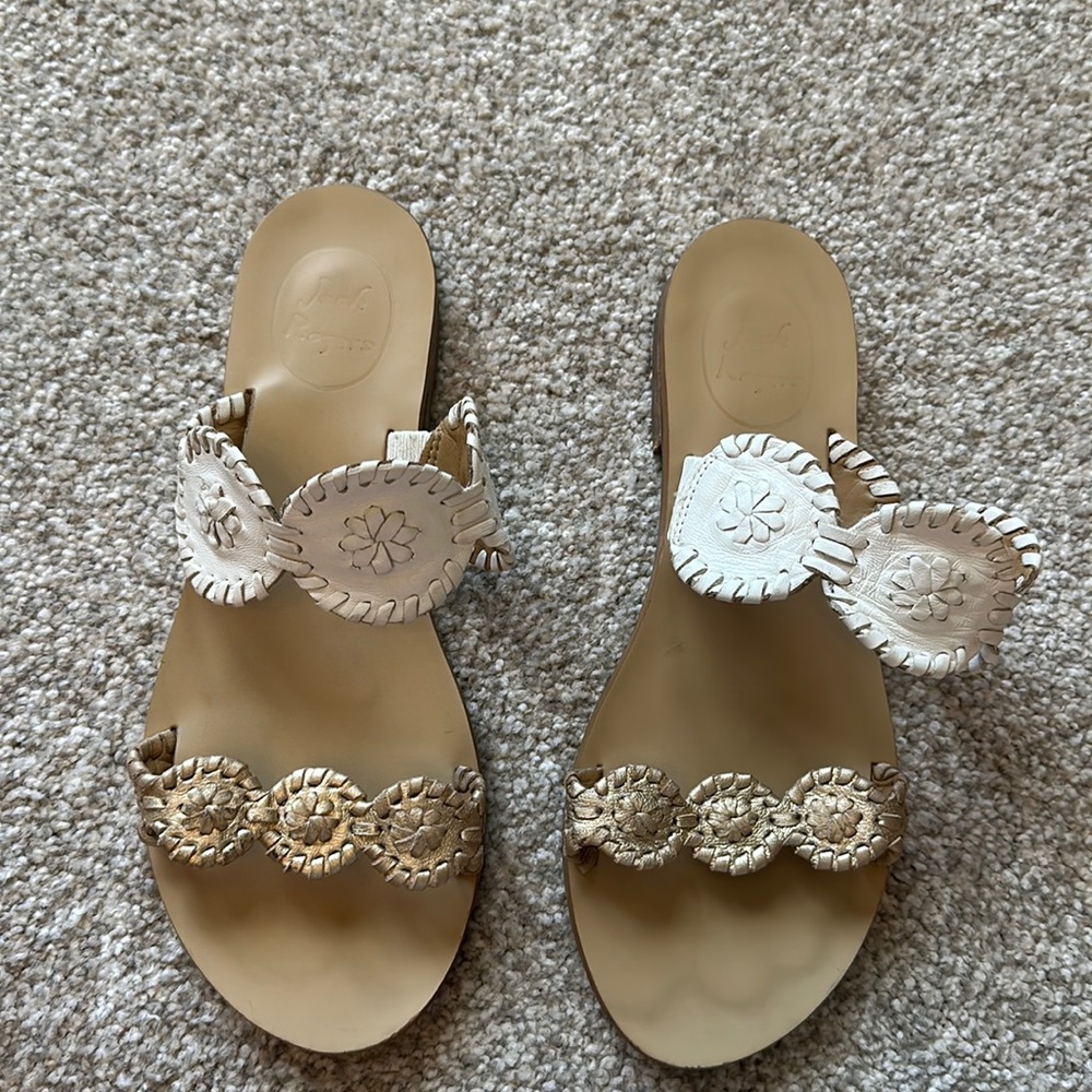 Jack Rogers Gold and White Leather Slides sz 6.5